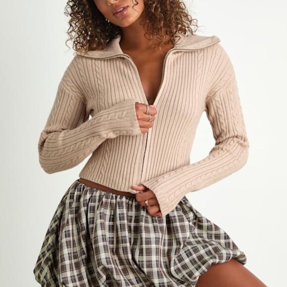 Lulus Palmina Beige Cable Knit Collared Zip-up Cardigan Sweater - Size M - Picture 1 of 1